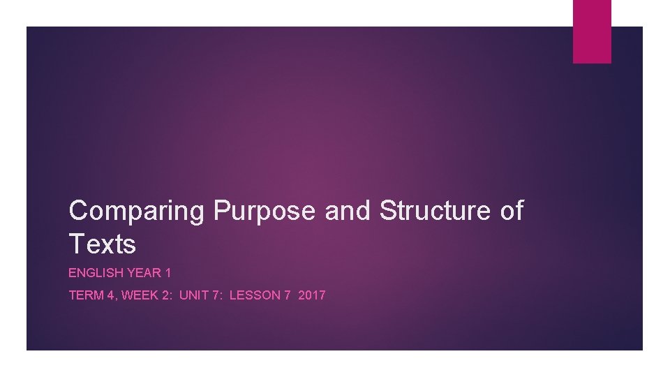 Comparing Purpose and Structure of Texts ENGLISH YEAR 1 TERM 4, WEEK 2: UNIT