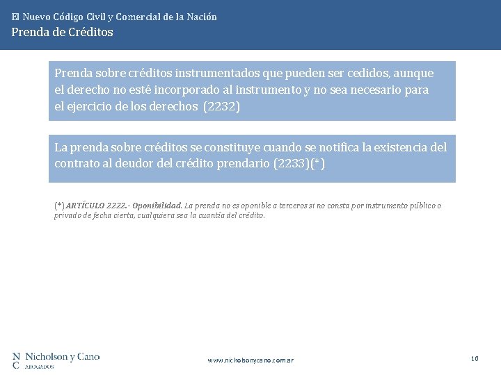 El Nuevo Código Civil y Comercial de la Nación Prenda de Créditos Prenda sobre