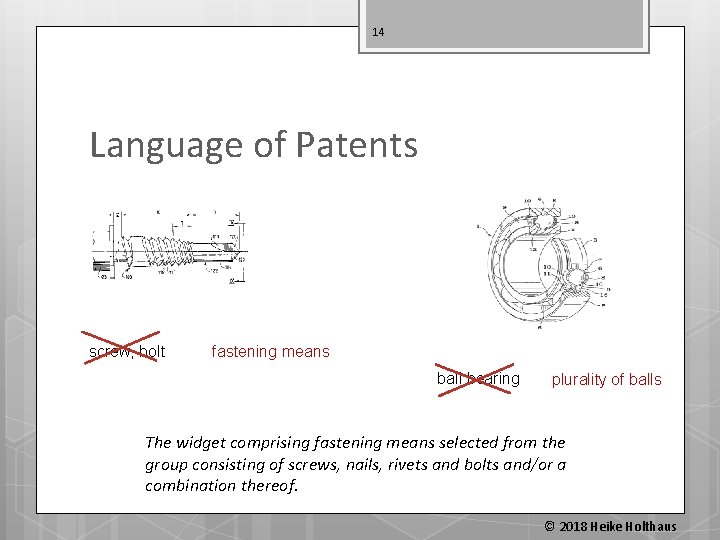 14 Language of Patents screw, bolt fastening means ball bearing plurality of balls The