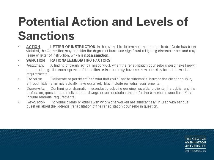 Potential Action and Levels of Sanctions • • • ACTION LETTER OF INSTRUCTION In