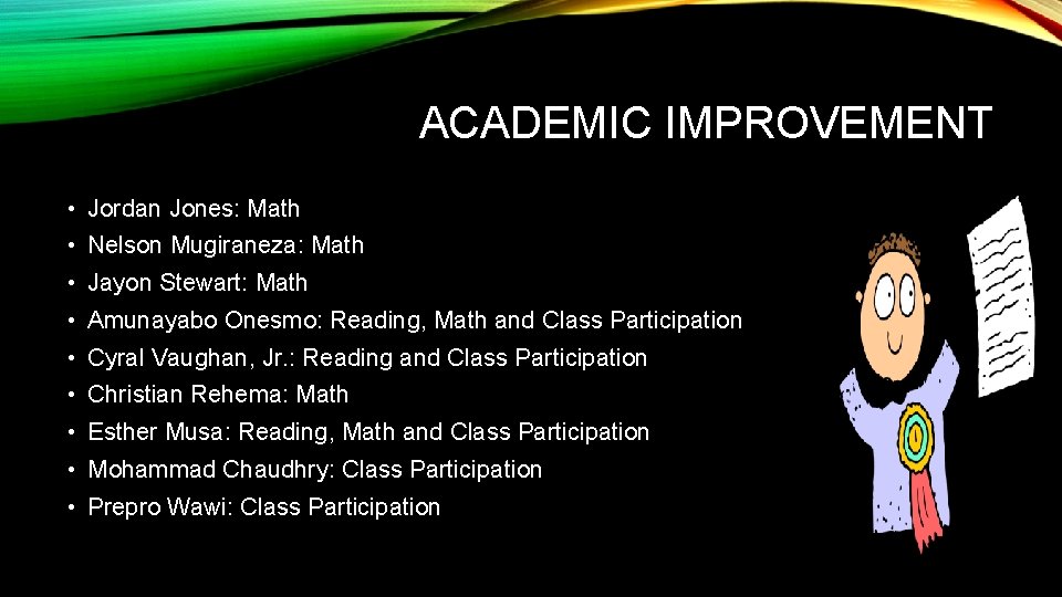 ACADEMIC IMPROVEMENT • Jordan Jones: Math • Nelson Mugiraneza: Math • Jayon Stewart: Math