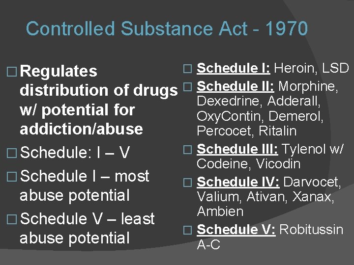 Controlled Substance Act - 1970 Schedule I: Heroin, LSD distribution of drugs � Schedule Controlled Substance Act - 1970 Schedule I: Heroin, LSD distribution of drugs � Schedule