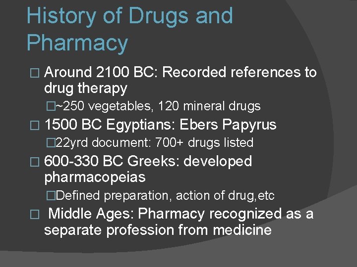 History of Drugs and Pharmacy � Around 2100 BC: Recorded references to drug therapy History of Drugs and Pharmacy � Around 2100 BC: Recorded references to drug therapy