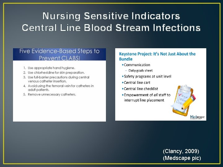 Nursing Sensitive Indicators Central Line Blood Stream Infections (Clancy, 2009) (Medscape pic) Nursing Sensitive Indicators Central Line Blood Stream Infections (Clancy, 2009) (Medscape pic)