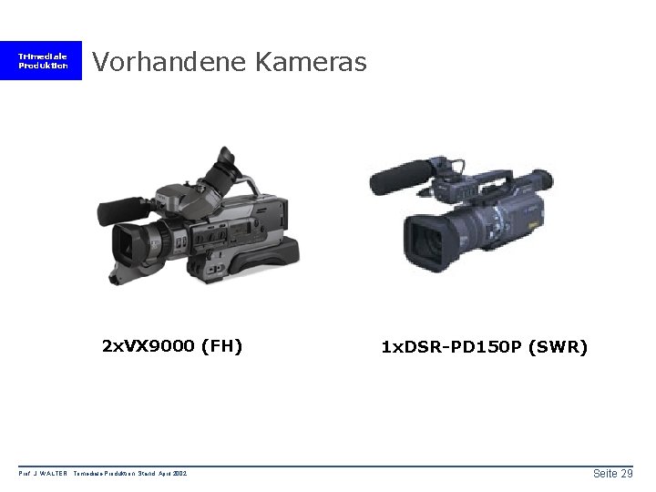 Trimediale Produktion Vorhandene Kameras 2 x. VX 9000 (FH) Prof. J. WALTER Trimediale Produktion