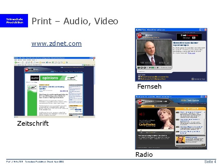 Trimediale Produktion Print – Audio, Video www. zdnet. com Fernseh Zeitschrift Radio Prof. J.