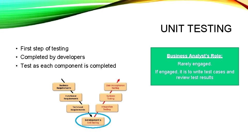 UNIT TESTING • First step of testing • Completed by developers • Test as