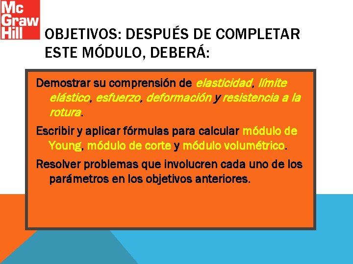 OBJETIVOS: DESPUÉS DE COMPLETAR ESTE MÓDULO, DEBERÁ: Demostrar su comprensión de elasticidad, límite elástico,