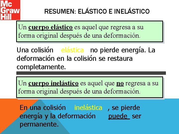 RESUMEN: ELÁSTICO E INELÁSTICO Un cuerpo elástico es aquel que regresa a su forma