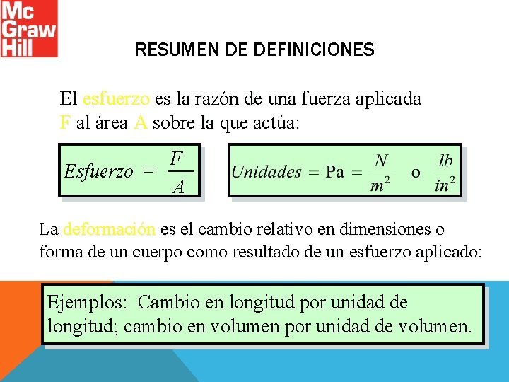 RESUMEN DE DEFINICIONES El esfuerzo es la razón de una fuerza aplicada F al