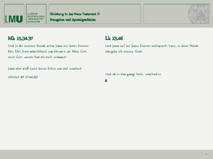 Einleitung in das Neue Testament II Evangelien und Apostelgeschichte Mk 15, 34. 37 Und