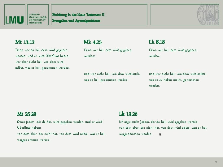 Einleitung in das Neue Testament II Evangelien und Apostelgeschichte Mt 13, 12 Denn wer