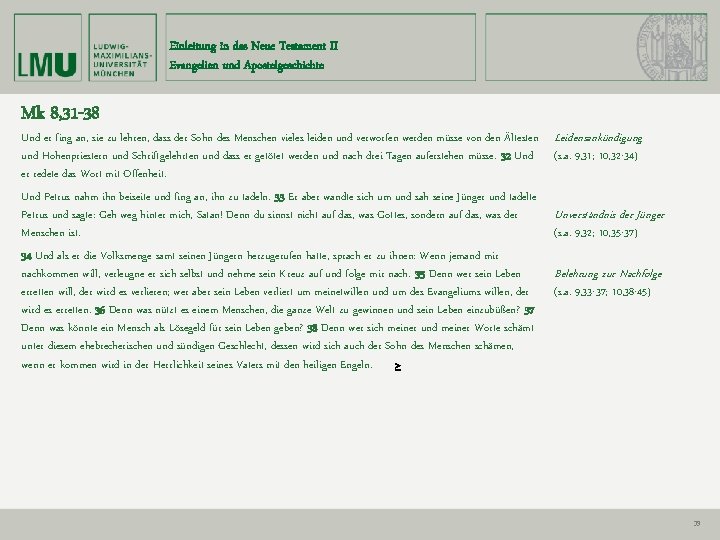 Einleitung in das Neue Testament II Evangelien und Apostelgeschichte Mk 8, 31 -38 Und