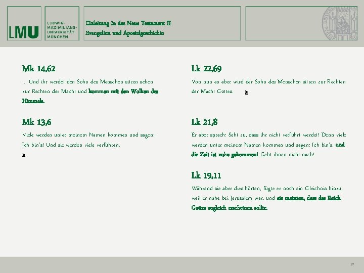 Einleitung in das Neue Testament II Evangelien und Apostelgeschichte Mk 14, 62 Lk 22,