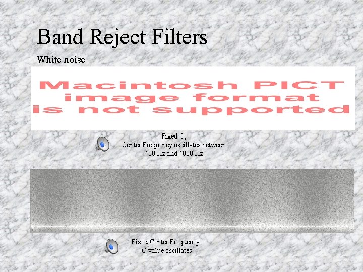 Band Reject Filters White noise Fixed Q, Center Frequency oscillates between 400 Hz and