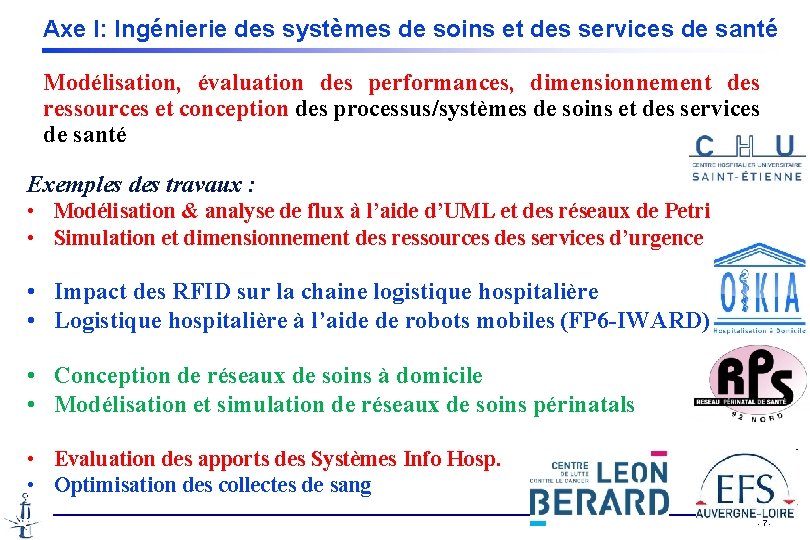 Axe I: Ingénierie des systèmes de soins et des services de santé Modélisation, évaluation