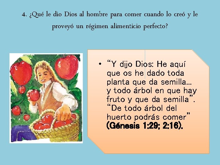 4. ¿Qué le dio Dios al hombre para comer cuando lo creó y le