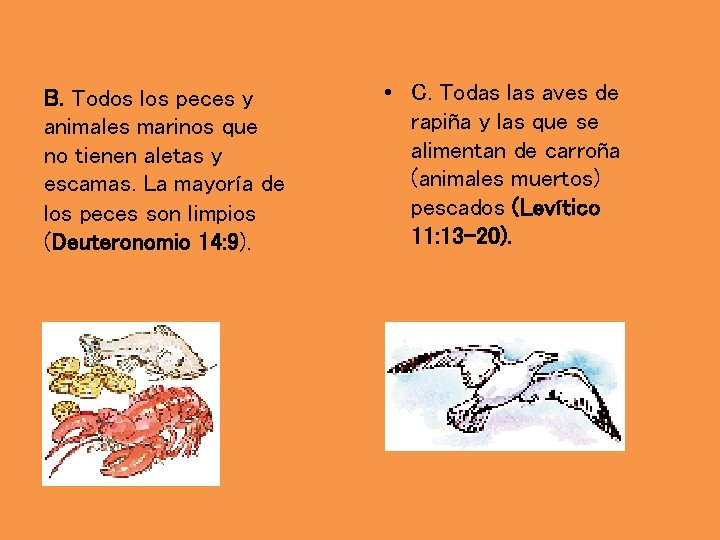 B. Todos los peces y animales marinos que no tienen aletas y escamas. La