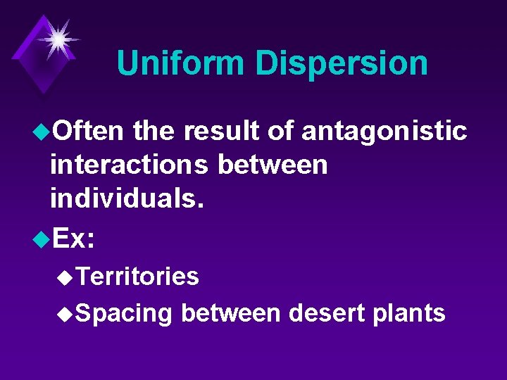 Uniform Dispersion u. Often the result of antagonistic interactions between individuals. u. Ex: u.