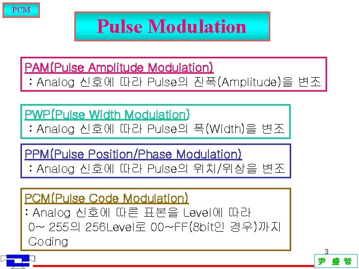 PCM Pulse Modulation PAM(Pulse Amplitude Modulation) : Analog 신호에 따라 Pulse의 진폭(Amplitude)을 변조 PWP(Pulse
