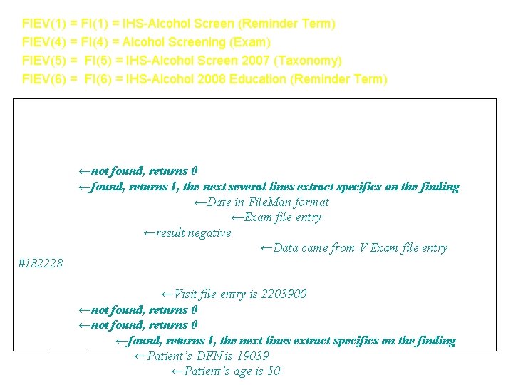 FIEV(1) = FI(1) = IHS-Alcohol Screen (Reminder Term) FIEV(4) = FI(4) = Alcohol Screening FIEV(1) = FI(1) = IHS-Alcohol Screen (Reminder Term) FIEV(4) = FI(4) = Alcohol Screening