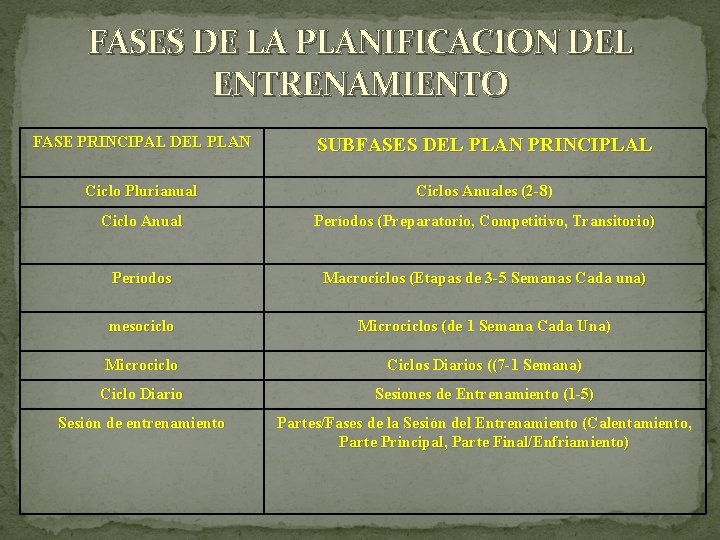 FASES DE LA PLANIFICACION DEL ENTRENAMIENTO FASE PRINCIPAL DEL PLAN SUBFASES DEL PLAN PRINCIPLAL