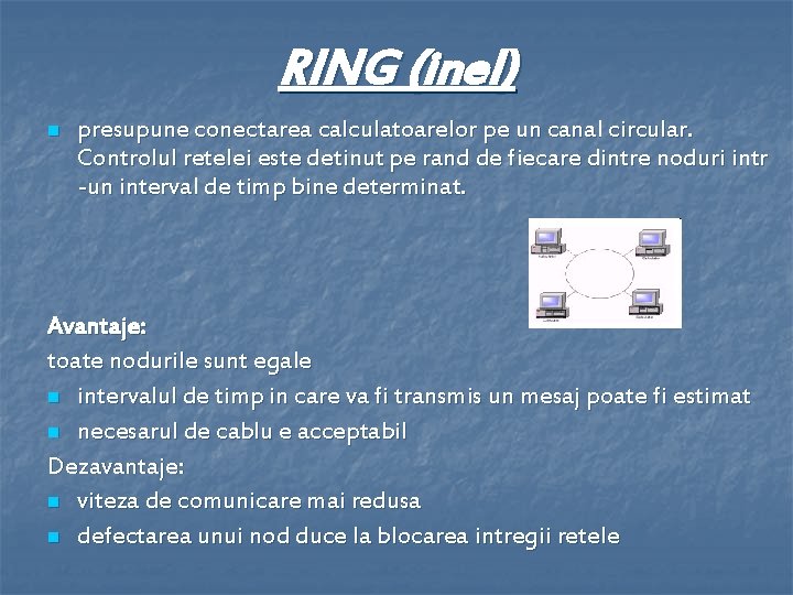 RING (inel) n presupune conectarea calculatoarelor pe un canal circular. Controlul retelei este detinut