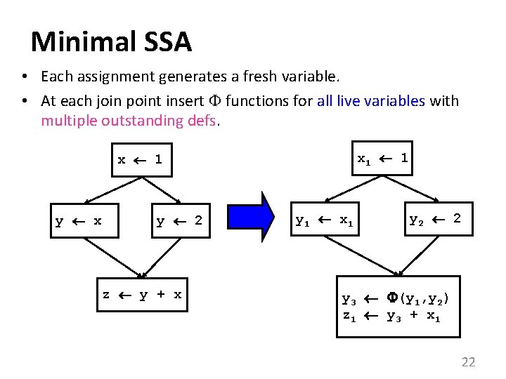 Minimal SSA • Each assignment generates a fresh variable. • At each join point