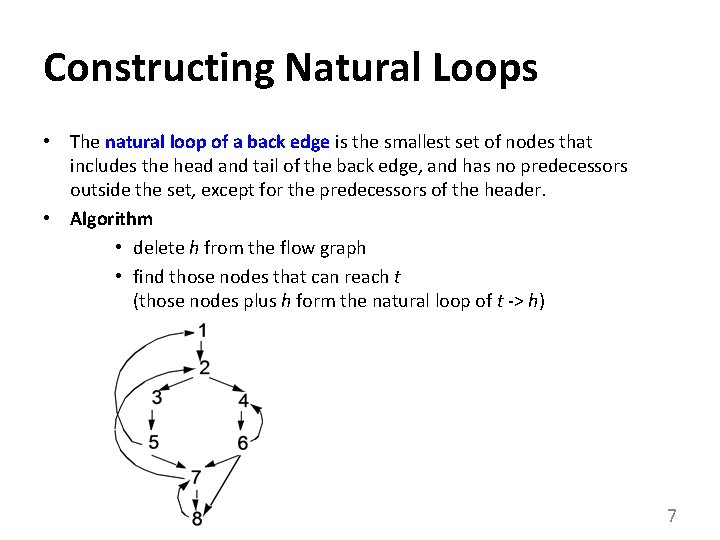 Constructing Natural Loops • The natural loop of a back edge is the smallest