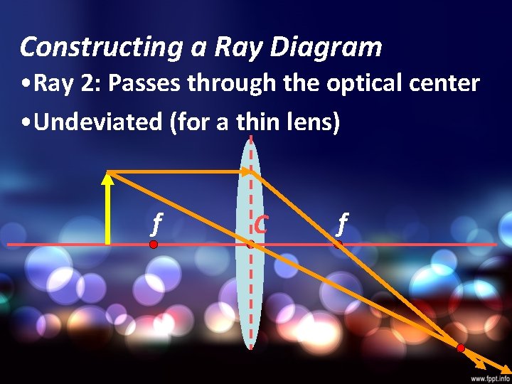 Constructing a Ray Diagram • Ray 2: Passes through the optical center • Undeviated