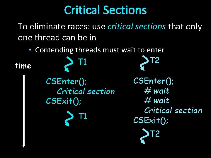 Critical Sections To eliminate races: use critical sections that only one thread can be