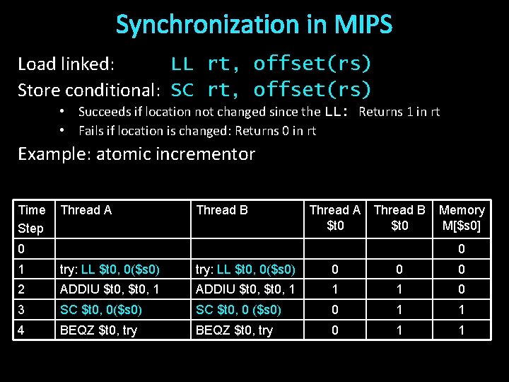 Synchronization in MIPS Load linked: LL rt, offset(rs) Store conditional: SC rt, offset(rs) •