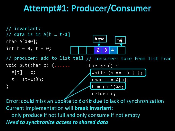 Attempt#1: Producer/Consumer // invariant: // data is in A[h … t-1] char A[100]; int