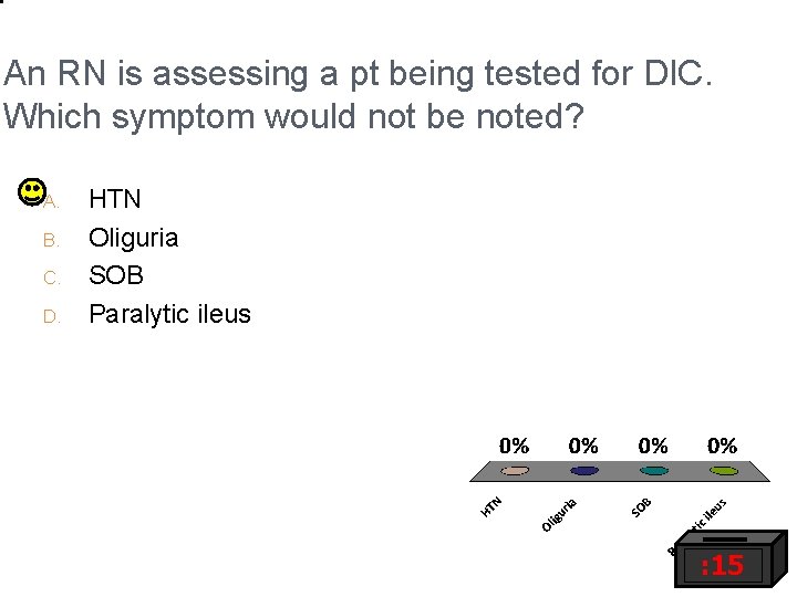 An RN is assessing a pt being tested for DIC. Which symptom would not