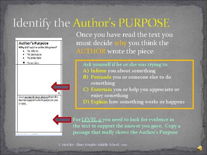 Identify the Author’s PURPOSE Once you have read the text you must decide why