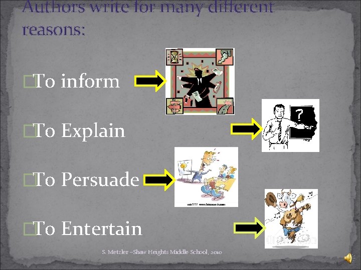 Authors write for many different reasons: �To inform �To Explain �To Persuade �To Entertain