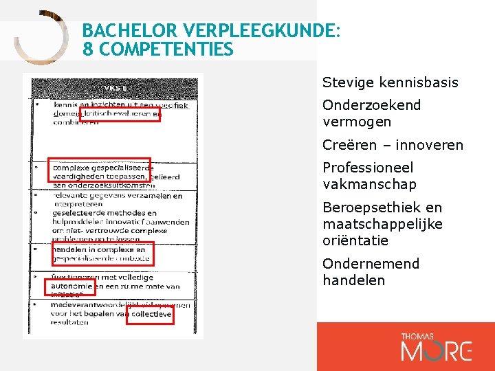 BACHELOR VERPLEEGKUNDE: 8 COMPETENTIES Stevige kennisbasis Onderzoekend vermogen Creëren – innoveren Professioneel vakmanschap Beroepsethiek