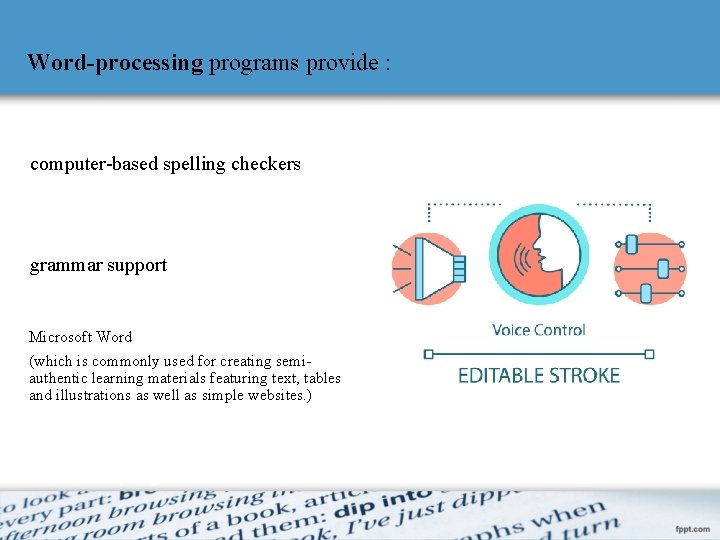 Word-processing programs provide : computer-based spelling checkers grammar support Microsoft Word (which is commonly