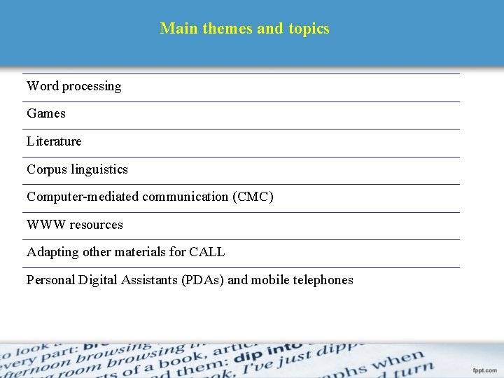 Main themes and topics Word processing Games Literature Corpus linguistics Computer-mediated communication (CMC) WWW