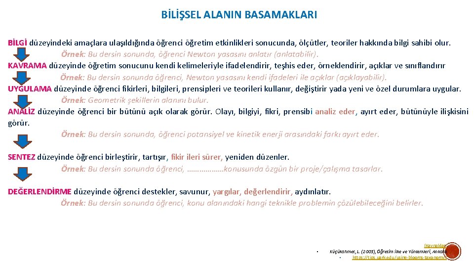 BİLİŞSEL ALANIN BASAMAKLARI BİLGİ düzeyindeki amaçlara ulaşıldığında öğrenci öğretim etkinlikleri sonucunda, ölçütler, teoriler hakkında