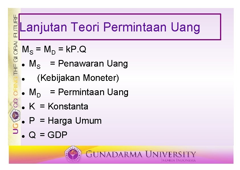 Lanjutan Teori Permintaan Uang MS = MD = k. P. Q MS = Penawaran