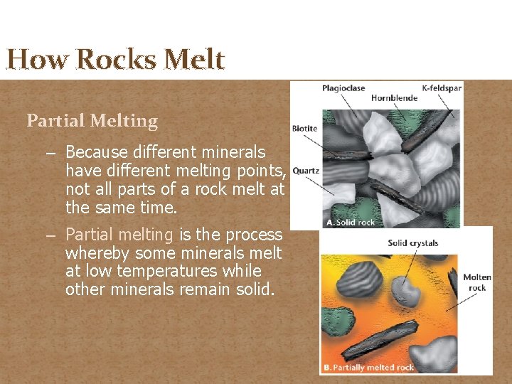 How Rocks Melt Partial Melting – Because different minerals have different melting points, not