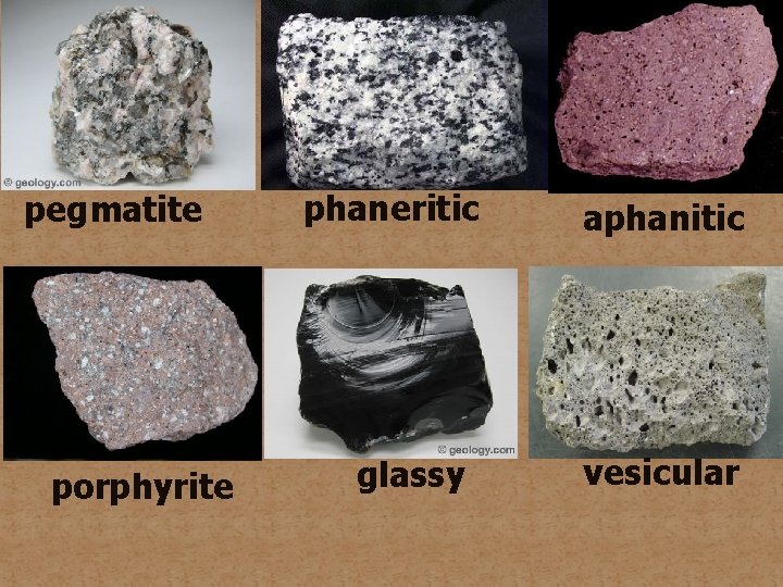 pegmatite porphyrite phaneritic glassy aphanitic vesicular 