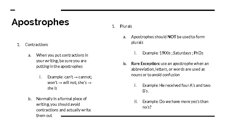 Apostrophes 1. Plurals a. 1. Contractions a. When you put contractions in your writing,