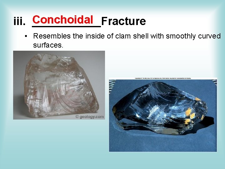 Conchoidal iii. ______Fracture • Resembles the inside of clam shell with smoothly curved surfaces. Conchoidal iii. ______Fracture • Resembles the inside of clam shell with smoothly curved surfaces.