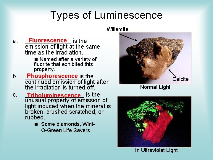 Types of Luminescence Willemite a. Fluorescence is the _______ emission of light at the Types of Luminescence Willemite a. Fluorescence is the _______ emission of light at the