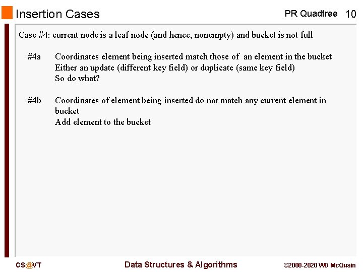 Insertion Cases PR Quadtree 10 Case #4: current node is a leaf node (and Insertion Cases PR Quadtree 10 Case #4: current node is a leaf node (and