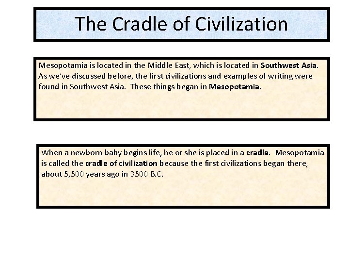 The Cradle of Civilization Mesopotamia is located in the Middle East, which is located The Cradle of Civilization Mesopotamia is located in the Middle East, which is located