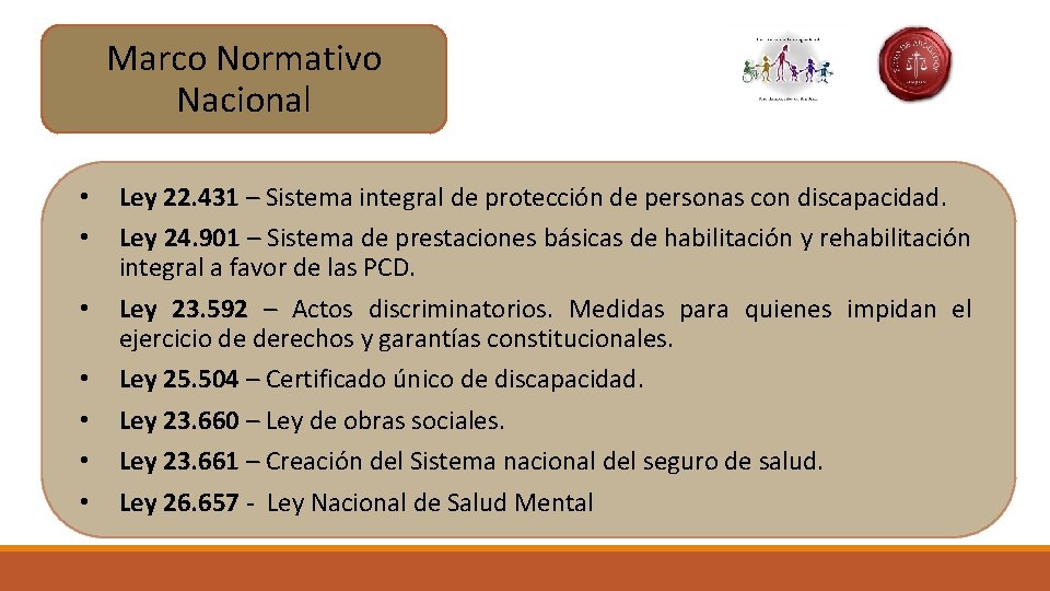 Marco Normativo Nacional • • Ley 22. 431 – Sistema integral de protección de