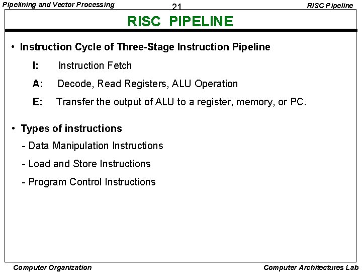 Pipelining and Vector Processing RISC Pipeline 21 RISC PIPELINE • Instruction Cycle of Three-Stage
